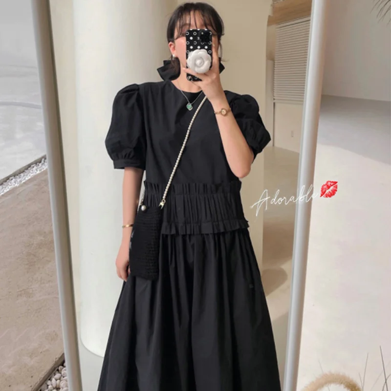 

Korean Chic Summer French Round Neck Loose High Waist Pleated Stitching Design Puff Sleeve Dress Little Black Dress Female
