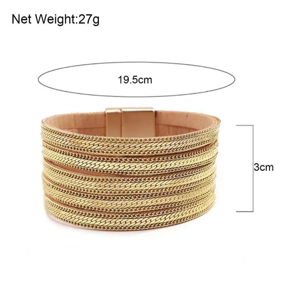 

Flashbuy New Fashion Gold Color Charm Chain Leather Bracelets For Women Simple Multilayer Wide Bangles Party Jewelry Hot Sale