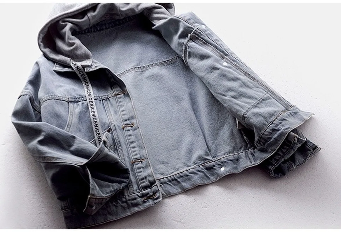 Джинсовая куртка с капюшоном в стиле хип хоп женская модная однобортная
