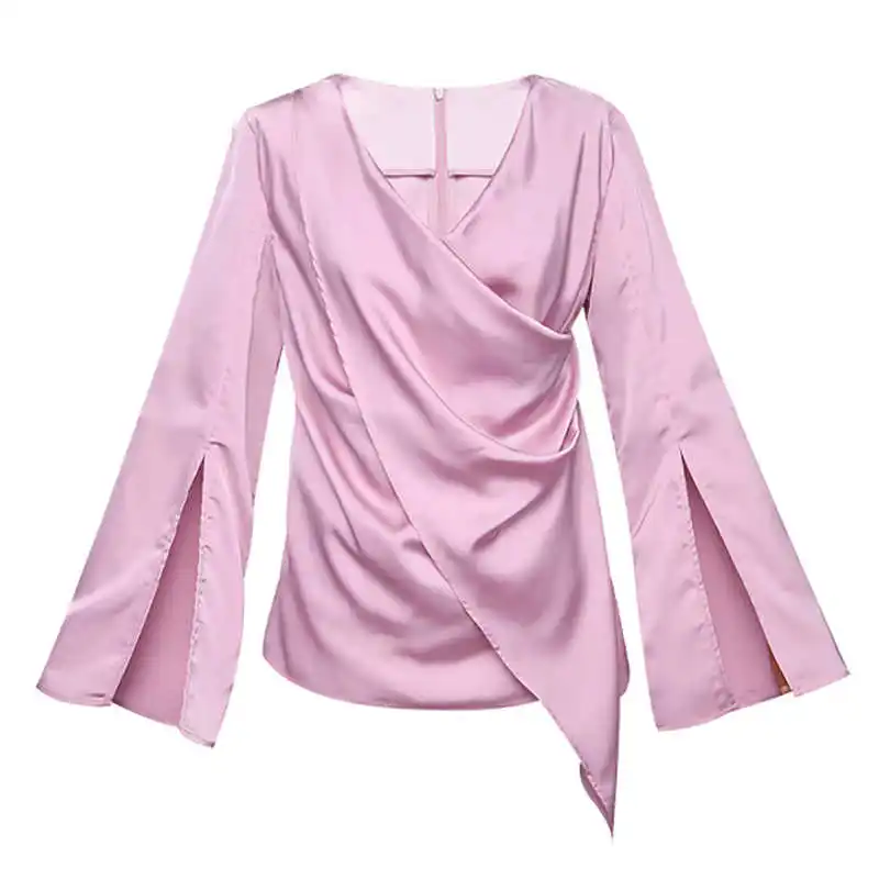 

[DEAT] Women Asymmetric Split High Street Red Sexy T-shirt New V-Neck Long Sleeve Fashion Tide Autumn Winter 2021 AG427