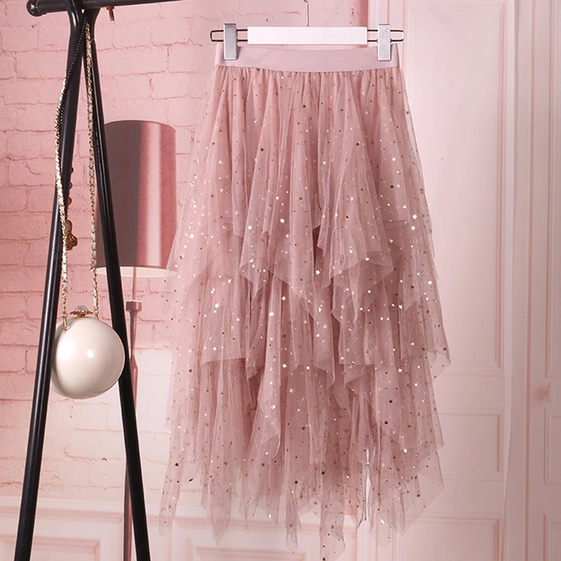 Женская летняя юбка-пачка с кружевной сеткой, юбка со звездами и блестками для девочек, пышная юбка с высокой талией, необычная юбка