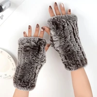 rex rabbit fur artificial woven fingerless gloves half finger thickened warm winter wristband mid length gloves