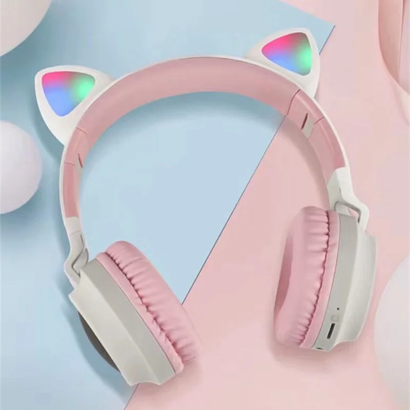 

Cat Ear wireless Bluetooth Headphones HIFI Stereo Bass pink earphone Support TF Card LED Noise Cancelling sport gamer headset