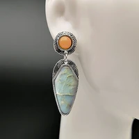 2021 new arrival marble textured blue resin stone earrings boho jewelry orange beads carved metal dangle earrings mujer