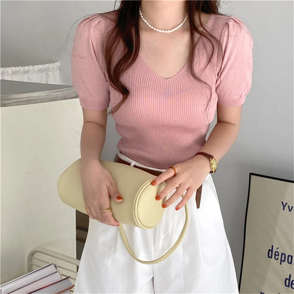 

Женский свитер, минималистский облегающий тонкий трикотажный топ, женская верхняя одежда, повседневные Летние универсальные шикарные свит...