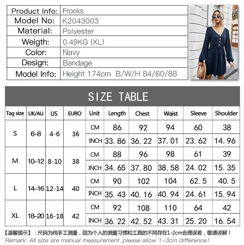 

Deenor Casual A-Line Women Dress Lace Button V neck Long Sleeve Mini Dresses spring summer Holiday Office Lady Work Dress 2021
