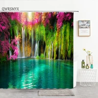 aesthetic forest red flower waterfall natural scenery shower curtains landscape home decor bathtub accessories bathroom products
