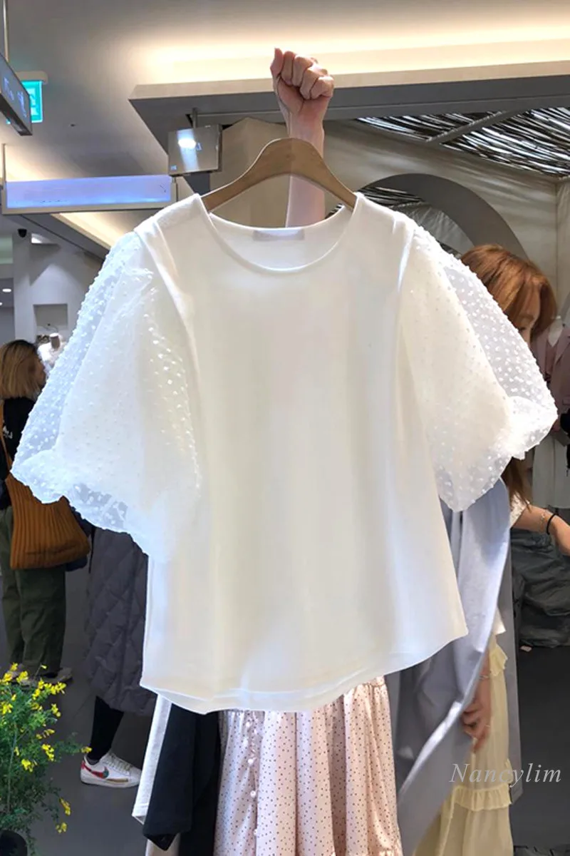 

Polka Dot Mesh Sleeve Tshirt for Women New Loose T-shirtd Female Top 2021 Spring and Summer White Black Nancylim