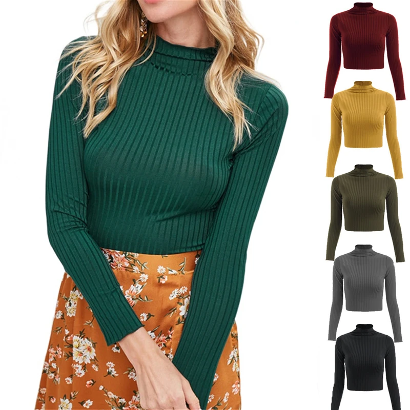 

Women Short Rib Knitted Tops Long Sleeve Half High Collar Bare Navel T-Shirt Elastic Slim Solid Color Crop Top Casual Clothing
