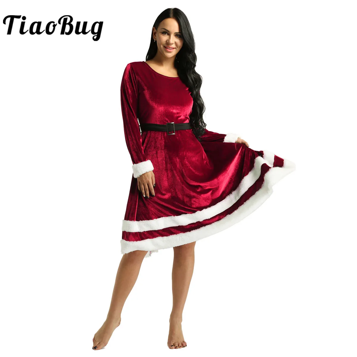 

Womens Mrs Santa Claus Costume Adults Christmas Fancy Dress Outfit Soft Velvet Long Sleeve Party Festival Dresses Red/Green