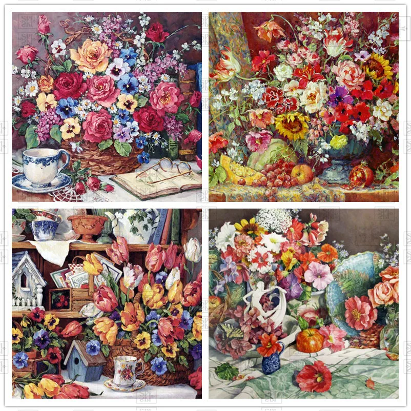 

Diamond Painting Flowers Rose Vase and Cup Cross Stitch Kit Full Square Diamond Embroidery Mosaic Art Picture Home Decoration