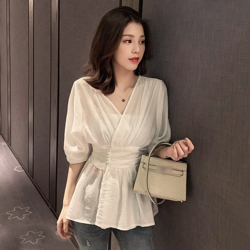 

New style shirt women's 2021 summer shirt sweet design sense minority top foreign style close waist show thin chiffon shirt