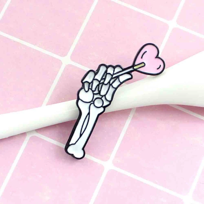

Halloween Skeleton Hand Cute Heart Lollipop We Eat Sweet Heart Gothic Vampire Friends Enamel Couple Brooches Pins 1PC