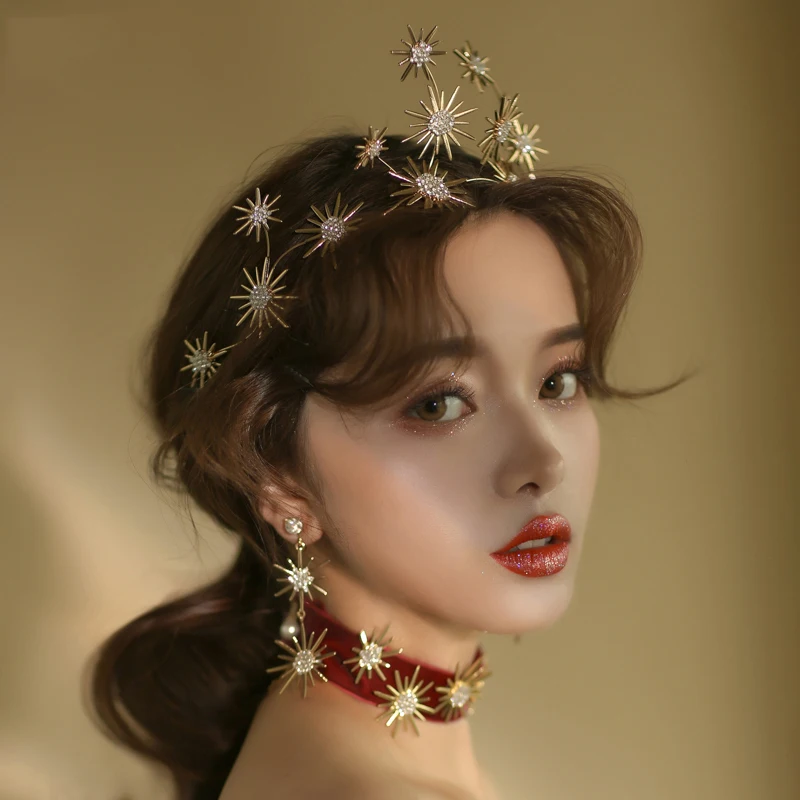 3pc set HIMSTORY Звездные повязки для волос невесты диадемы и короны Подсолнух RhinestoneWedding аксессуары для волос Ювелирная тиара De Noiva - Окраска металла: 3pc set