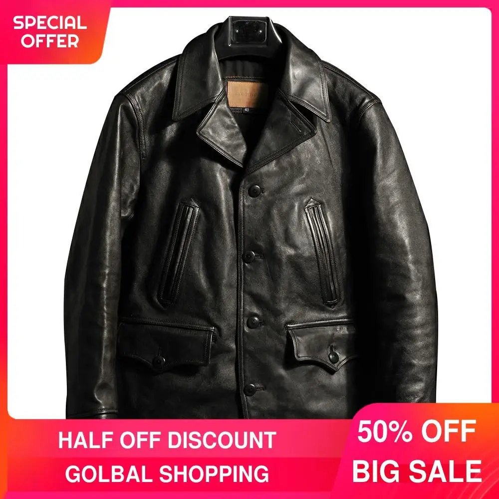 

2021 Black Japan Casual Style Genuine Leather Jacket Men Large Size 4XL Single Breasted Real Natural Horsehide Autumn Coat