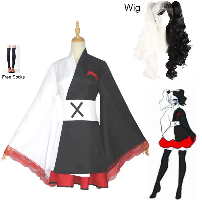 

Anime Danganronpa Monokuma Cosplay Costume Pinafores Women Japanese Dress Wig New Style Black and White Bear Kimono Clothing