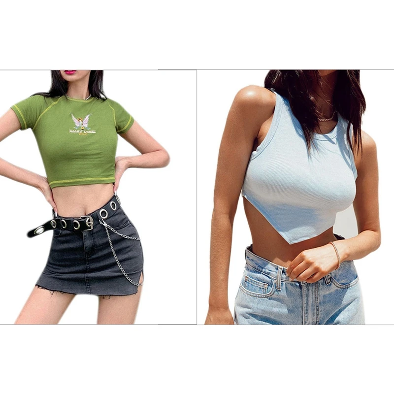 

1 Pcs Slim Round Neck Pullover Base Short Top Blue M & 1 Pcs Butterfly Graphic and Letter Printing Stitch Crop Tops S