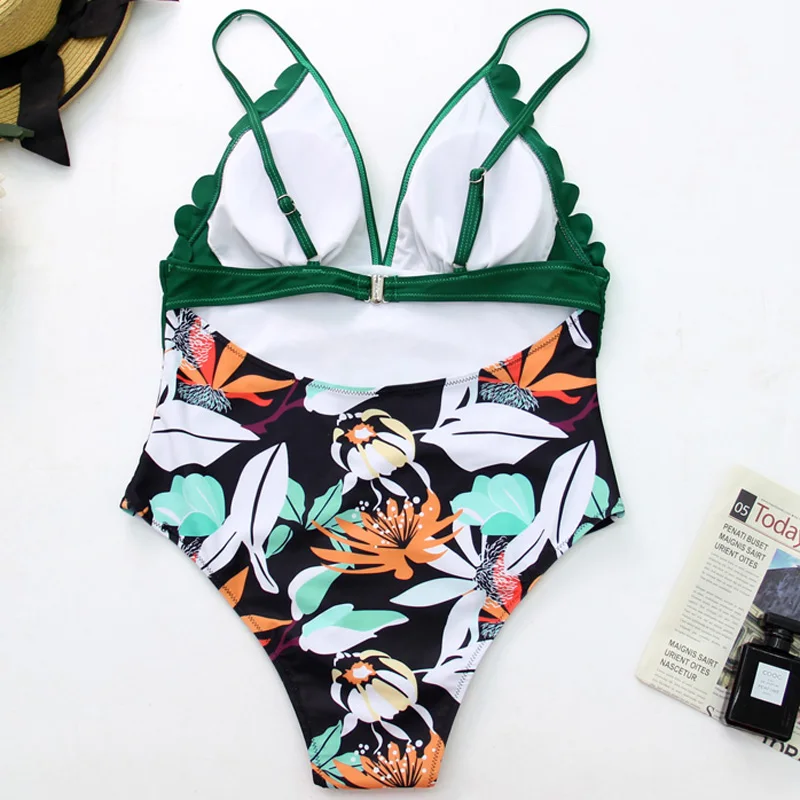 

Plus Size Swimwear 2021 Women Off Shoulder Swimsuit Green Floral Ruffle One Piece Swimsuit Women Sexy Bodysuit Bathing Suit