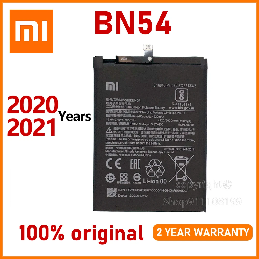 

Xiao Mi New 100% Original BN54 5020mAh Battery For Xiaomi Redmi Note 9 5G / Redmi 10X 4G Mobile Phone Batteries Batteria