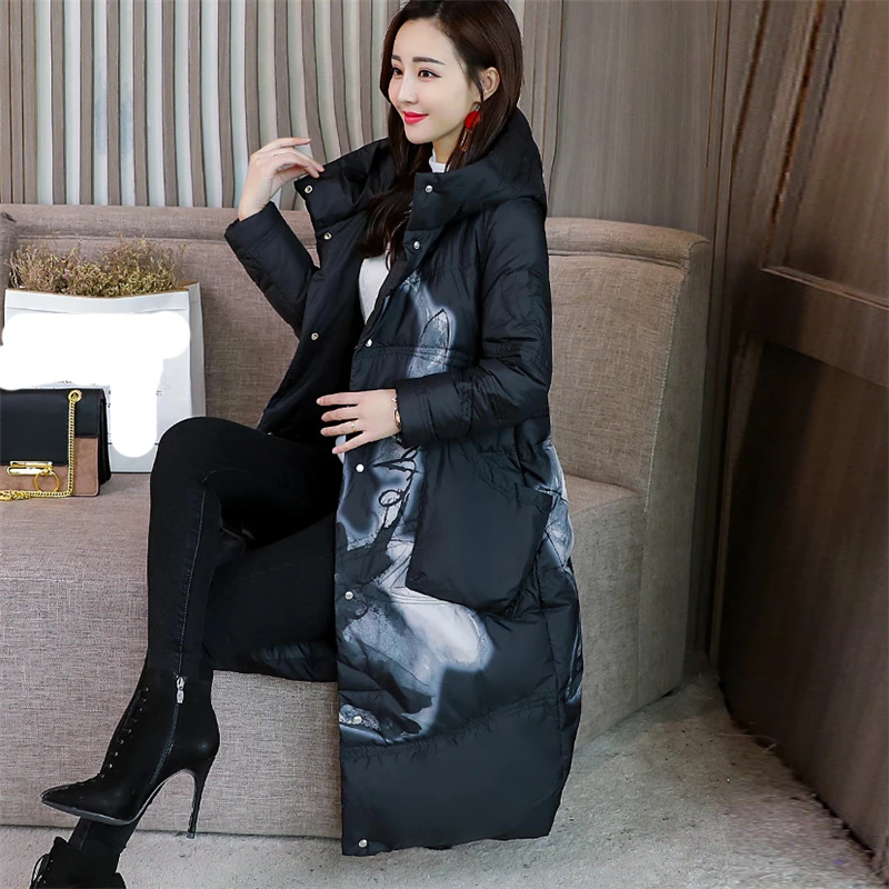 

2020 New Winter Women Print Down jacket white duck down Loose Warm Chinese style down Coat Fashion Casual Hooded Parka W124