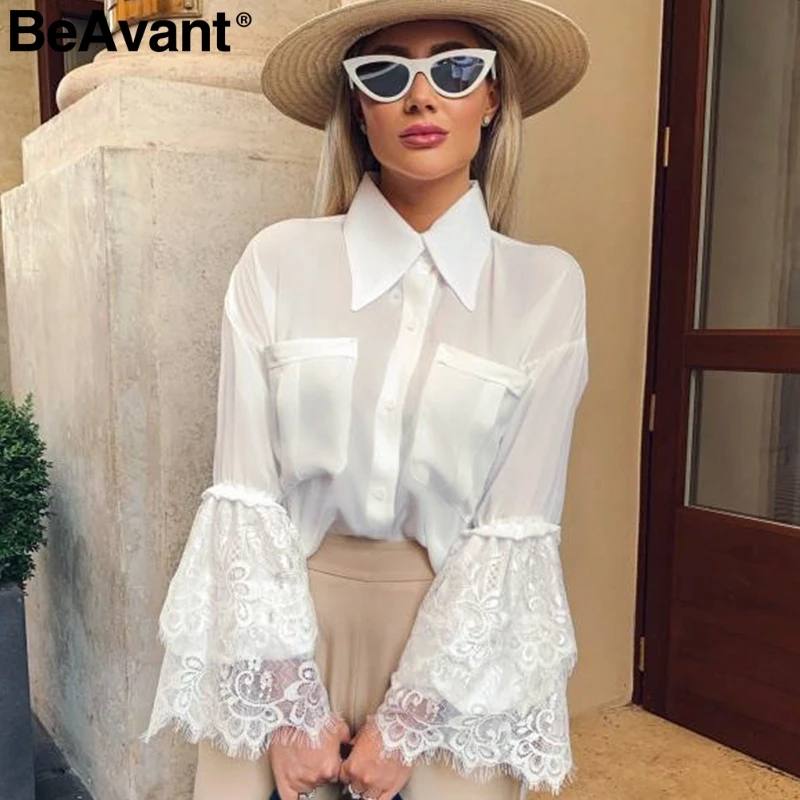 BeAvant винтажная кружевная шифоновая блуза рубашка Элегантная расклешенная рукав