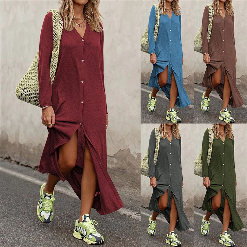 

Loose Shirt Dress Streetwear Autumn Breasted Plus Size Maxi Dresses Casual Loose Sexy V-Neck Long Sleevelong Vestidos