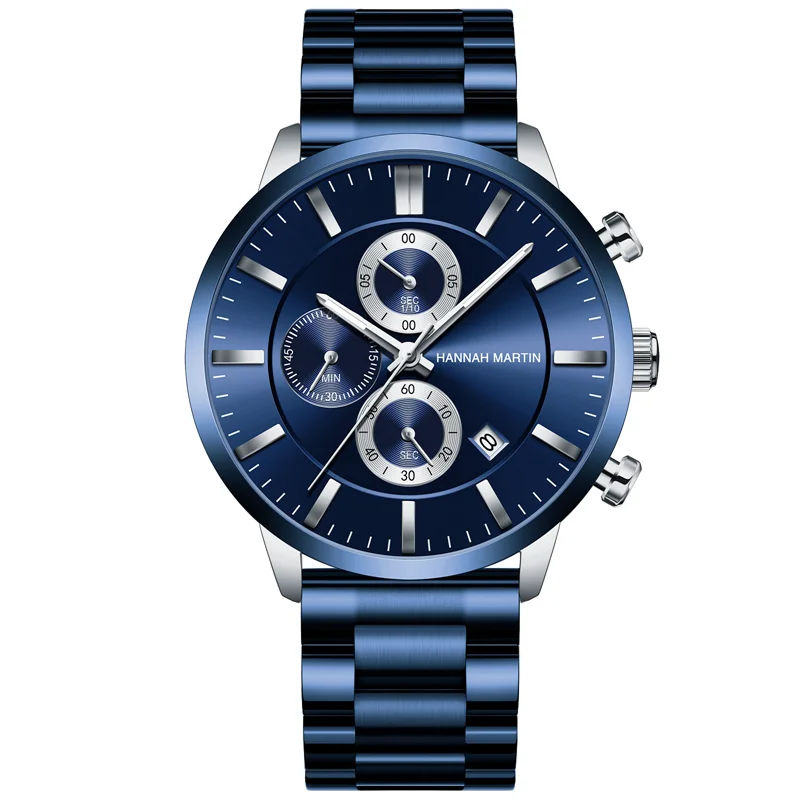 

2020 New Blue Solid Stainless Steel Band Business Multi-function Calendar Waterproof Top Brand Luxury Wrist Watches For Men