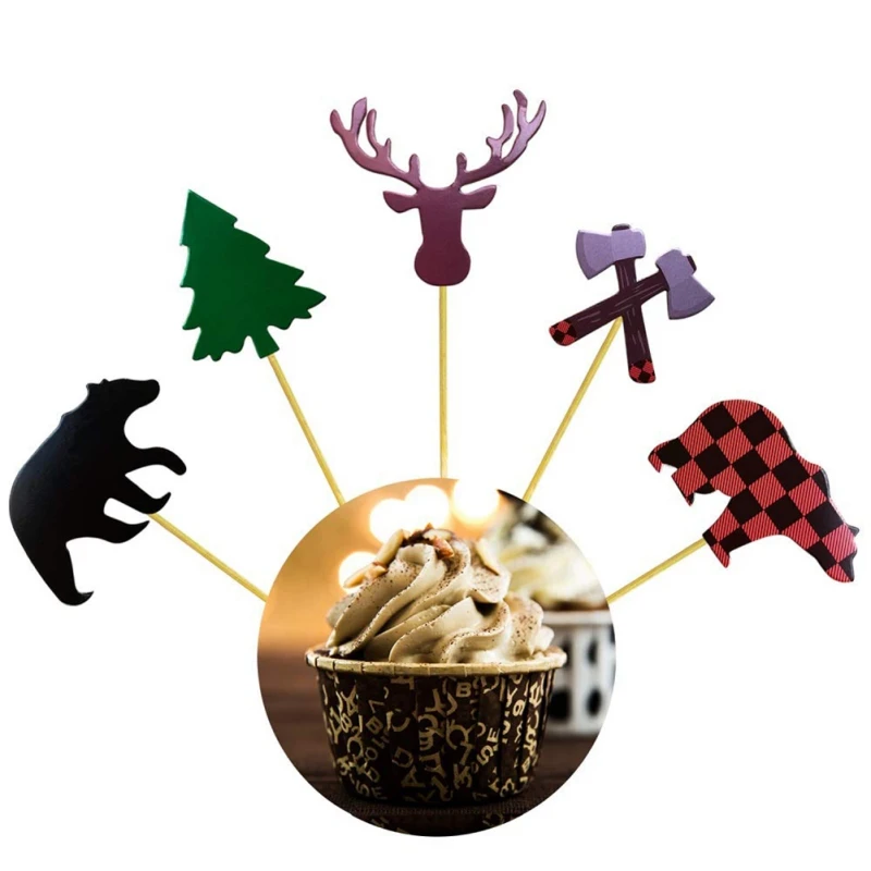 Топперы для кексов Buffalo Plaid Baby Bear Tree Топпер для кексов для костра Дровосек вечерние принадлежности для украшения торта на день рождения
