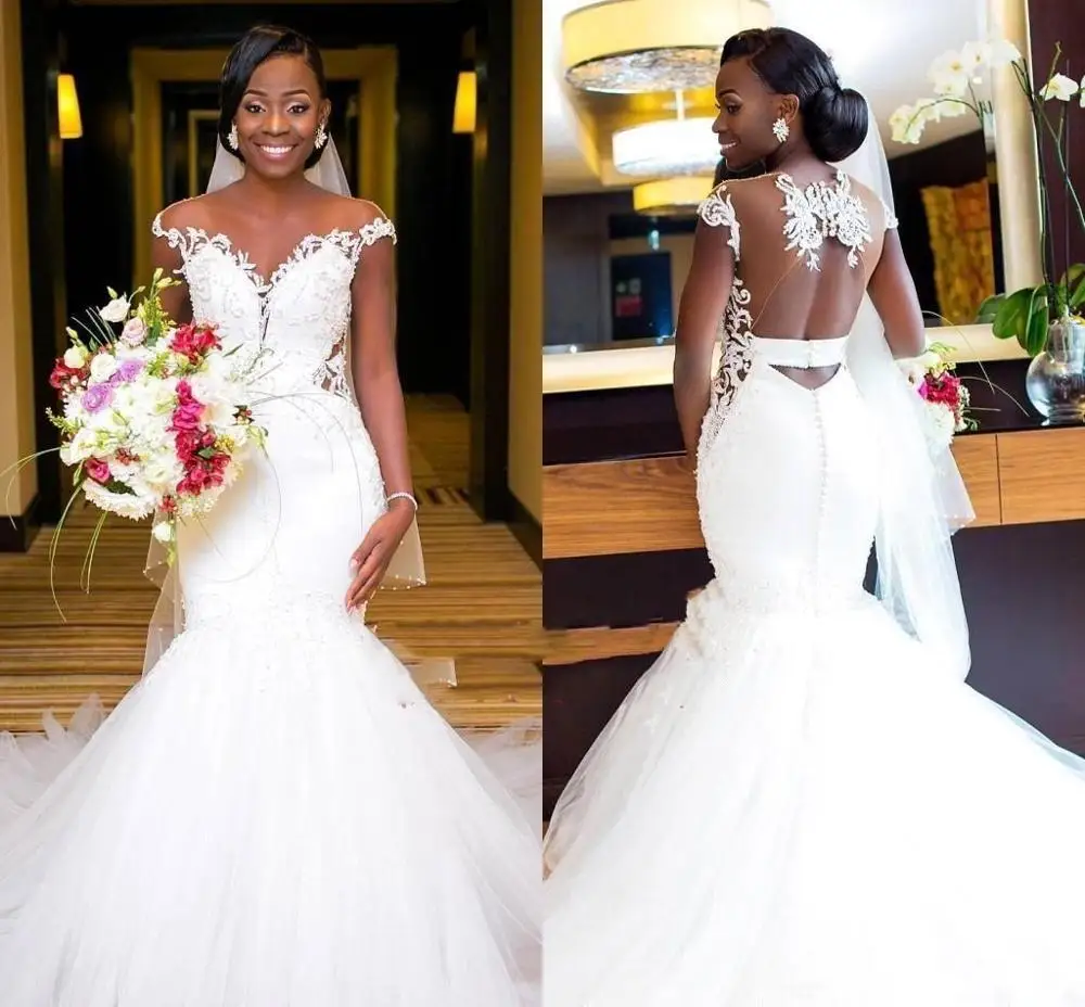 

South African Nigeria Mermaid White Wedding Dresses 2021 New Sexy Backless Sheer Neck Sleeveless Appliqued Bridal Gowns
