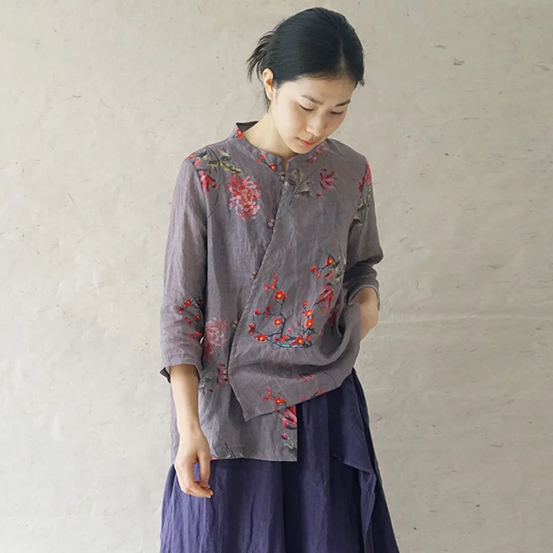 Рубашка женская Johnature свободная из хлопка и льна с подставкой пряжкой принтом