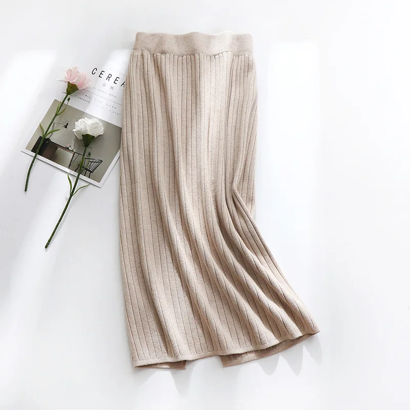 2019 Вязанная женская осенняя облегающая юбка миди с высокой талией хорошее
