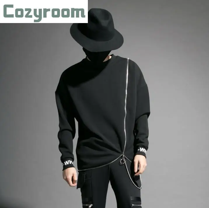 

Tide Brand personality jacket male nightclub stage costume multi-zip round neck long-sleeved T-shirt men Fashion bottoming shirt