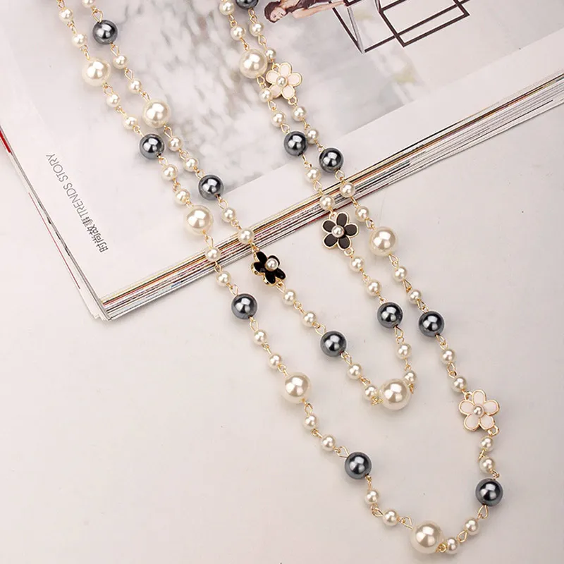 Цепочка-украшение Camellia Flowers Luxury Pearl Sweater Chain Jewelry Collier Femme Party pearl Long Necklace For Women
