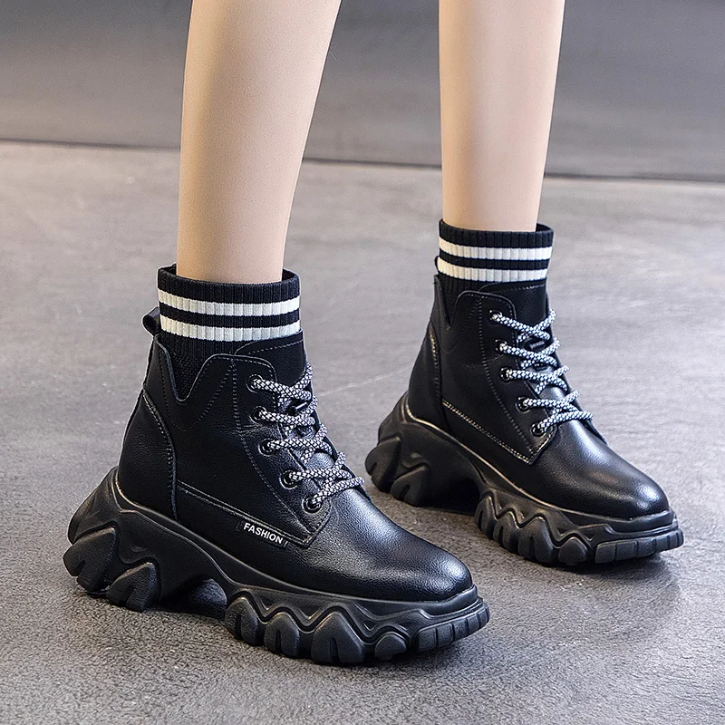 Женские кожаные ботинки RASMEUP зимние теплые эластичные носки на платформе