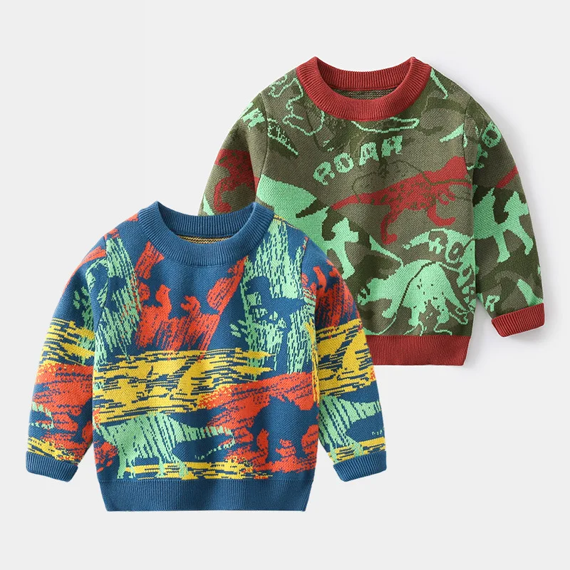 

Autumn Boys and Girls Sweater Dinosaur Pattern Outer Wear Casual Style Fashion Thick Warm Long-sleeved Printed Pullover Sweaters