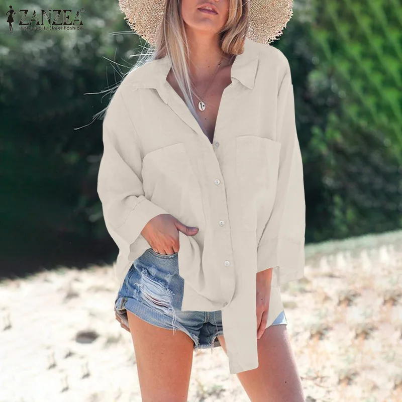 

Fashion Solid Shirt Women Spring Blouses ZANZEA Casual Long Sleeve Blusas Female Lapel Button Tunic Oversized Pockets Chemise