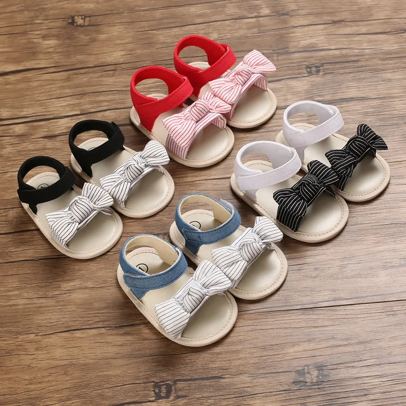 

Baby's Lovely Stripe Bow Sandals With Soft Soles Summer Cotton Fabric Shoes For Toddler Girls 0-18M