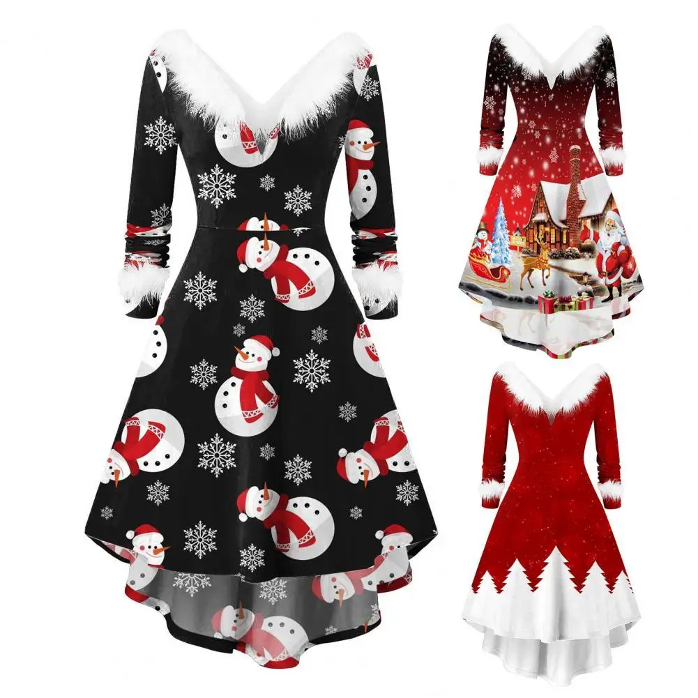 

Шикарное рождественское платье с принтом снега и оленей, рождественское платье, теплое платье с высоким низким подолом