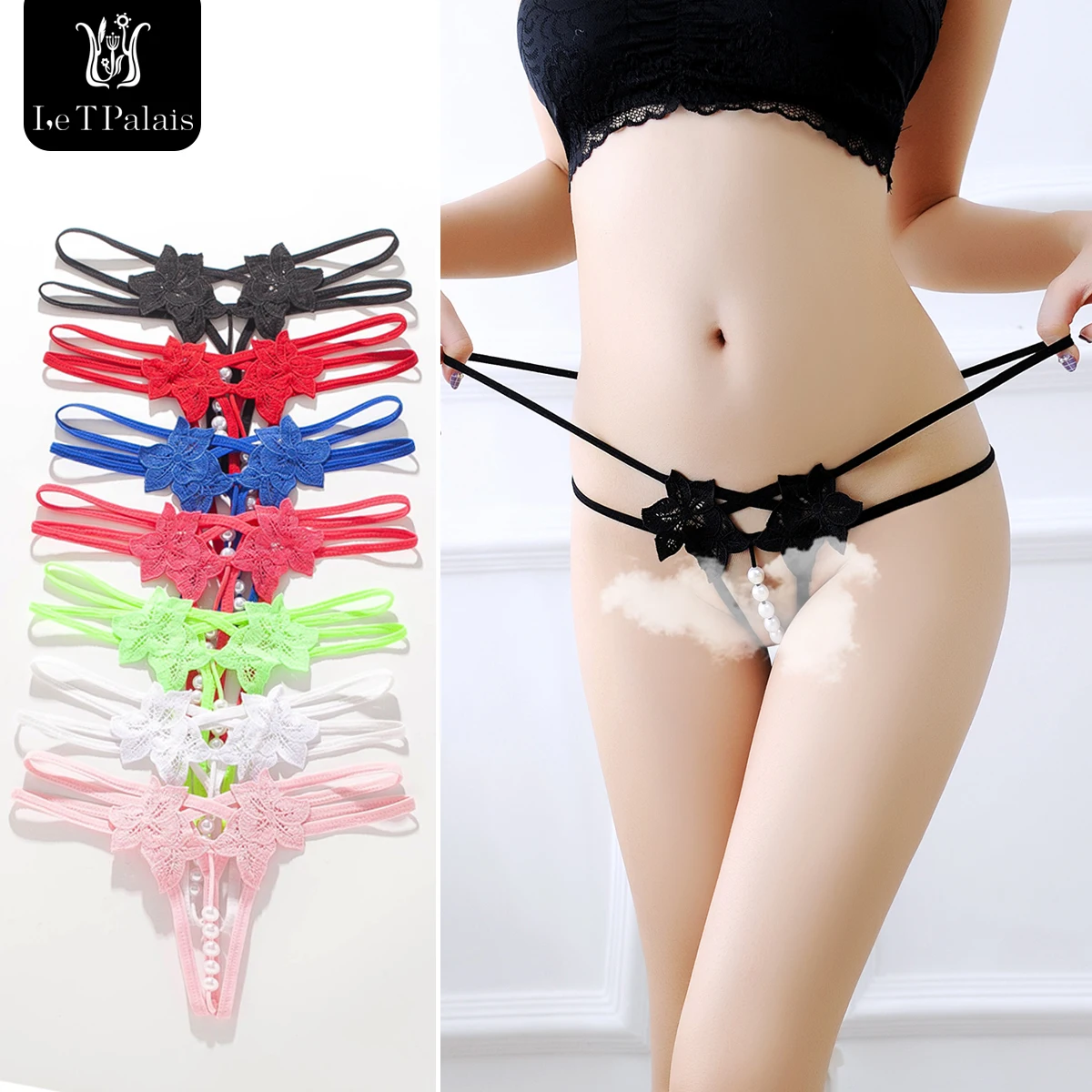 

LTP Women Sexy Panties Girl Bowknot Beads Lace Lingerie Underwear Low Waist Pearls Underpants Female Thongs Briefs Temptation