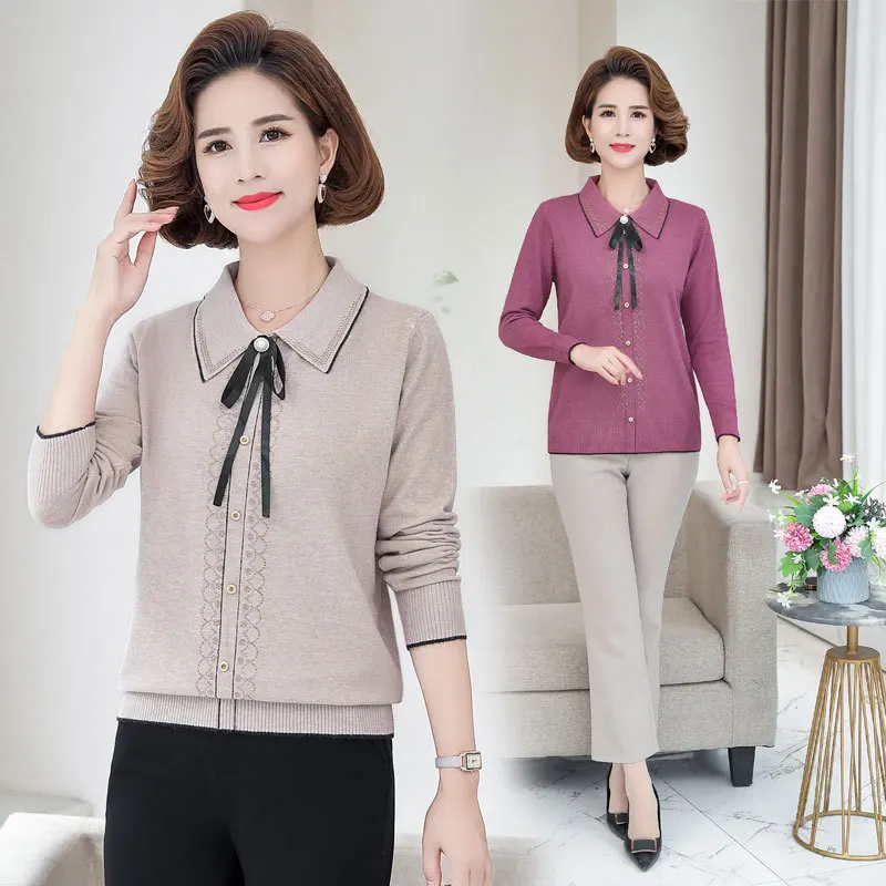 

Mother Autumn Solid Color Long Sleeve Pullover Bow Bottomed Shirt Thin New Middle-Aged And Elderly Women'S Knitted Sweater