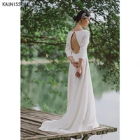 kaunissina simple soft satin wedding dresses buttons v neck three quarter sleeves bride dress backless sweep train wedding gowns