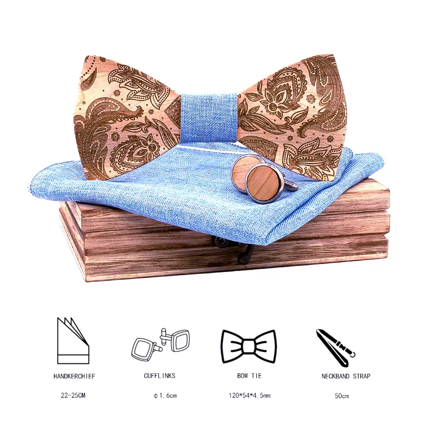 

3D Printed Wooden Bow Ties Sets for Mens Handkerchief Bowtie Cufflinks Ties Handmde Wood Bowties Gravatas Neckwear Set