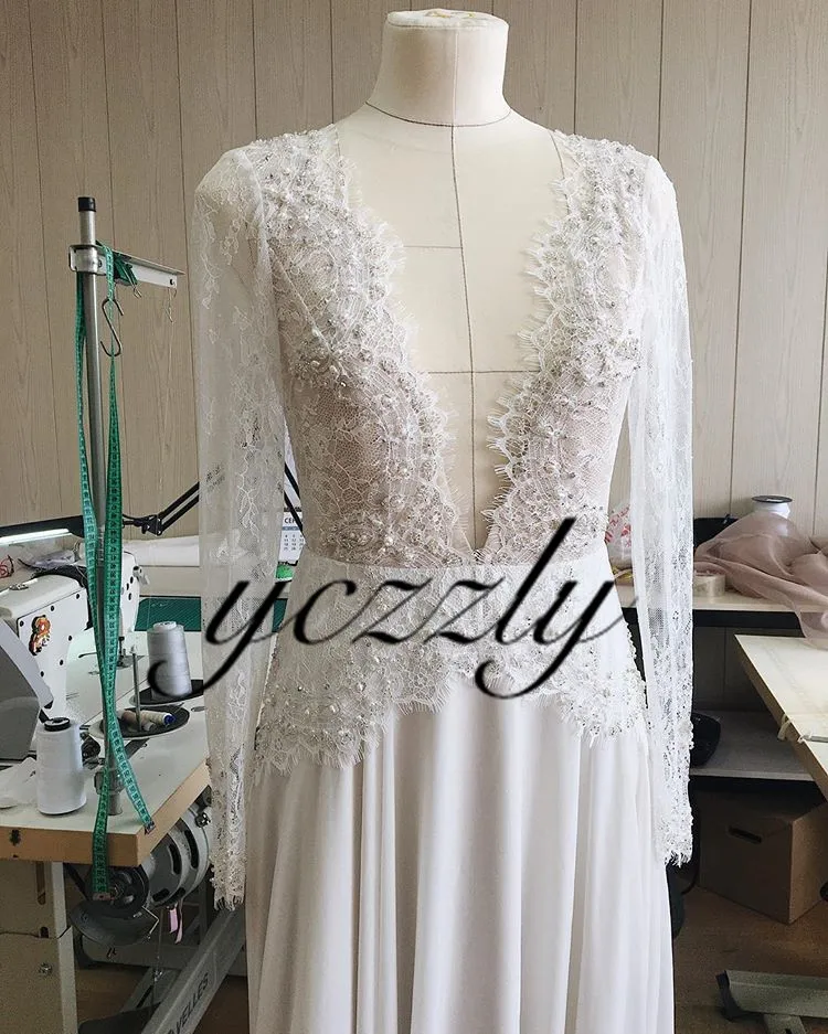 Boho Wedding Dress Sexy V-neck Long Sleeves Lace Appliques Pearls Beach Gowns Plus Size Chiffon Bride With Diamond | Свадьбы и