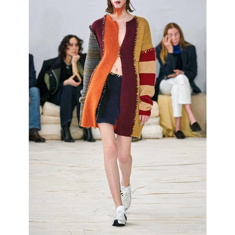 

Winter Fashion Contrast 11.18 Color Patchwork Wool Knit Cardigan Women Asymmetrical Chic Design Temperament Sweater Knitwear
