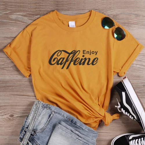 Yellow ONSEME, женская уличная одежда, повседневные футболки, Enjoy Caffeine, футболка с буквенным принтом, женские Забавные футболки Cola, Harajuku, базовая хлопковая футболка - Цвет: Yellow