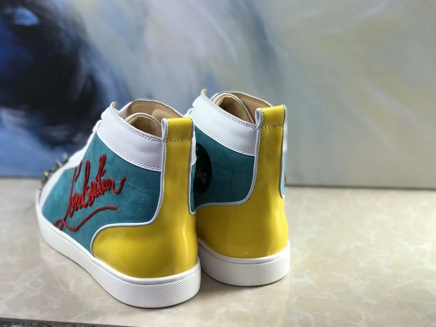 

Colorful Rivets Decor High Top Patchwork Leather Men and Women Shoes Luxury Brand Red Bottom Casual Fashion Shoes Lovers Shoes