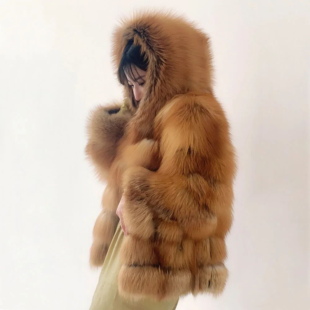 Модные женские шубы с капюшоном из 100% натурального Лисьего меха зимняя женская