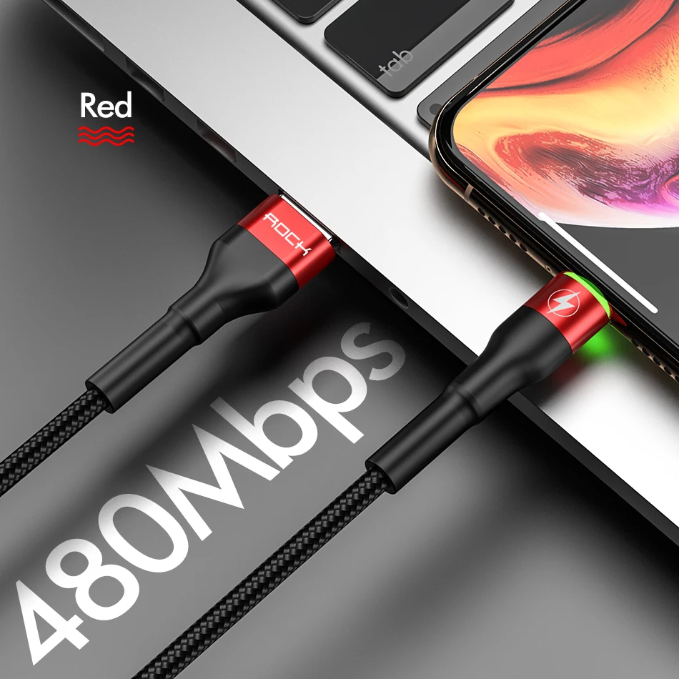 Red With LED Light ROCK SPACE 1m 2m 3.1A Hi-Tensile USB Cable For Apple iPhone 11 PRO X XS 8 7 6 Plus Fast Charger Data Cable Charge Sync - Цвет: Red With LED Light