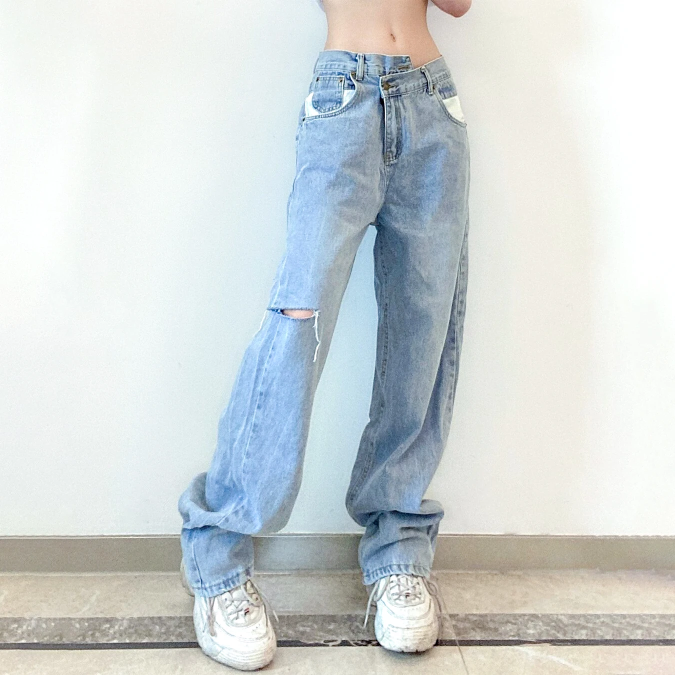 

Autumn Fashion Women's Jeans Wide Leg Baggy Jean Vintage Clothing High Street Wear Trousers Girls Cargo Ripped Pants for Female