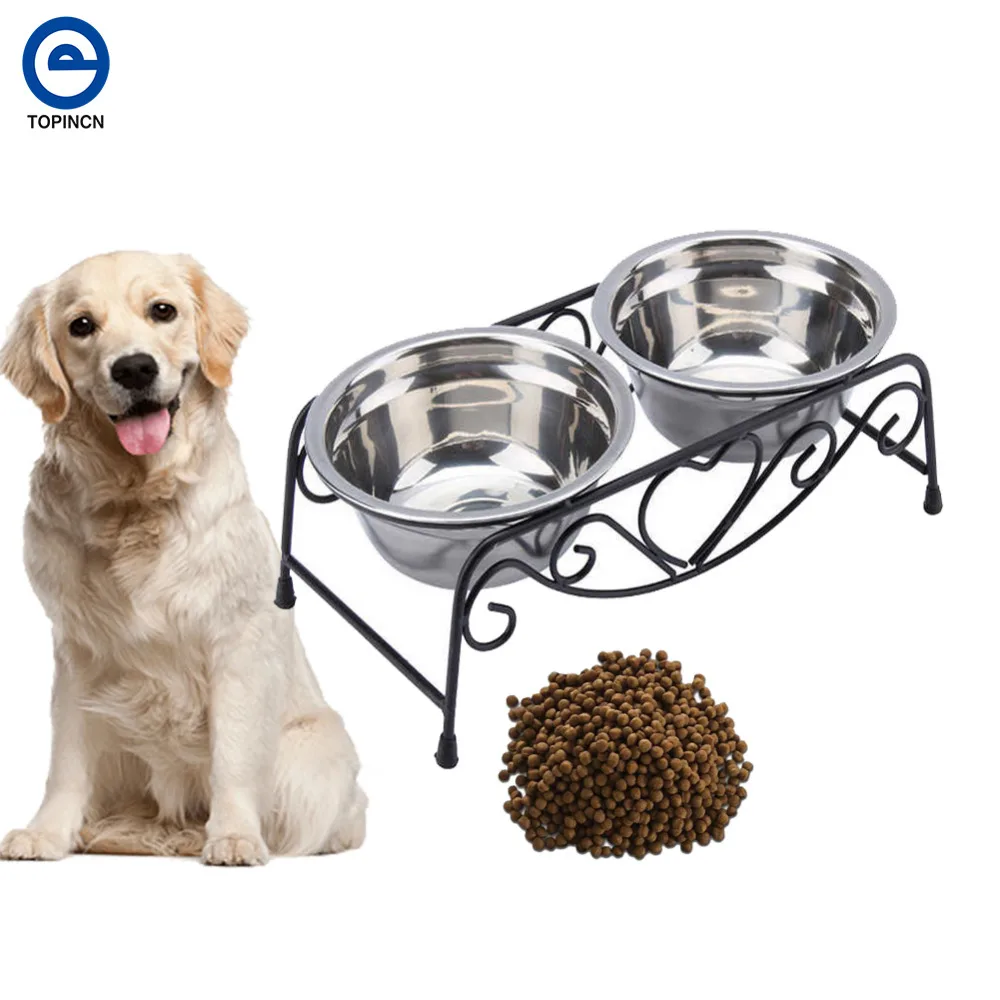 

Double Stainless Steel Bowls Dog Cat Pet Food Water Feeder Dish With Retro Iron Stand Pet Food Bowls For Dog